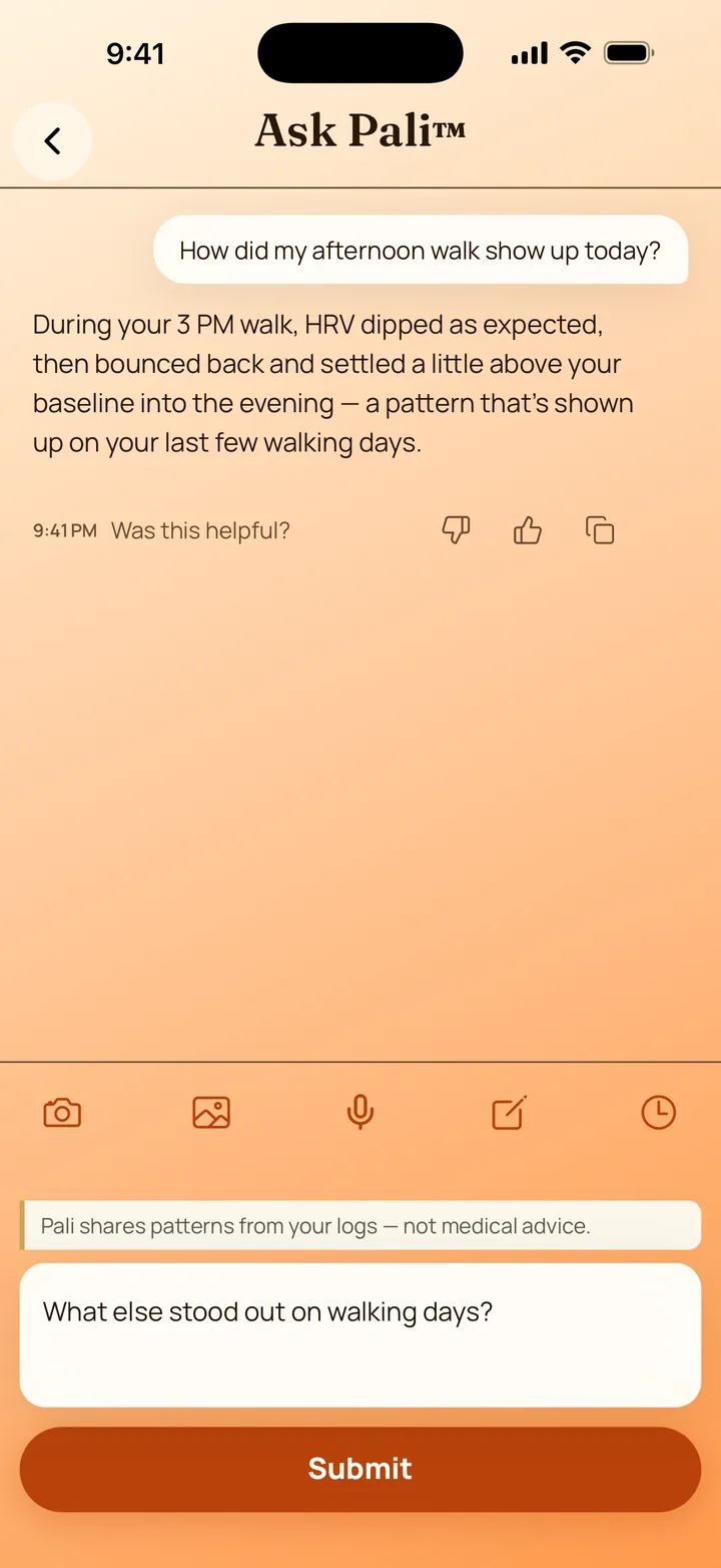 Ask Pali, answering a question about the day in plain language.