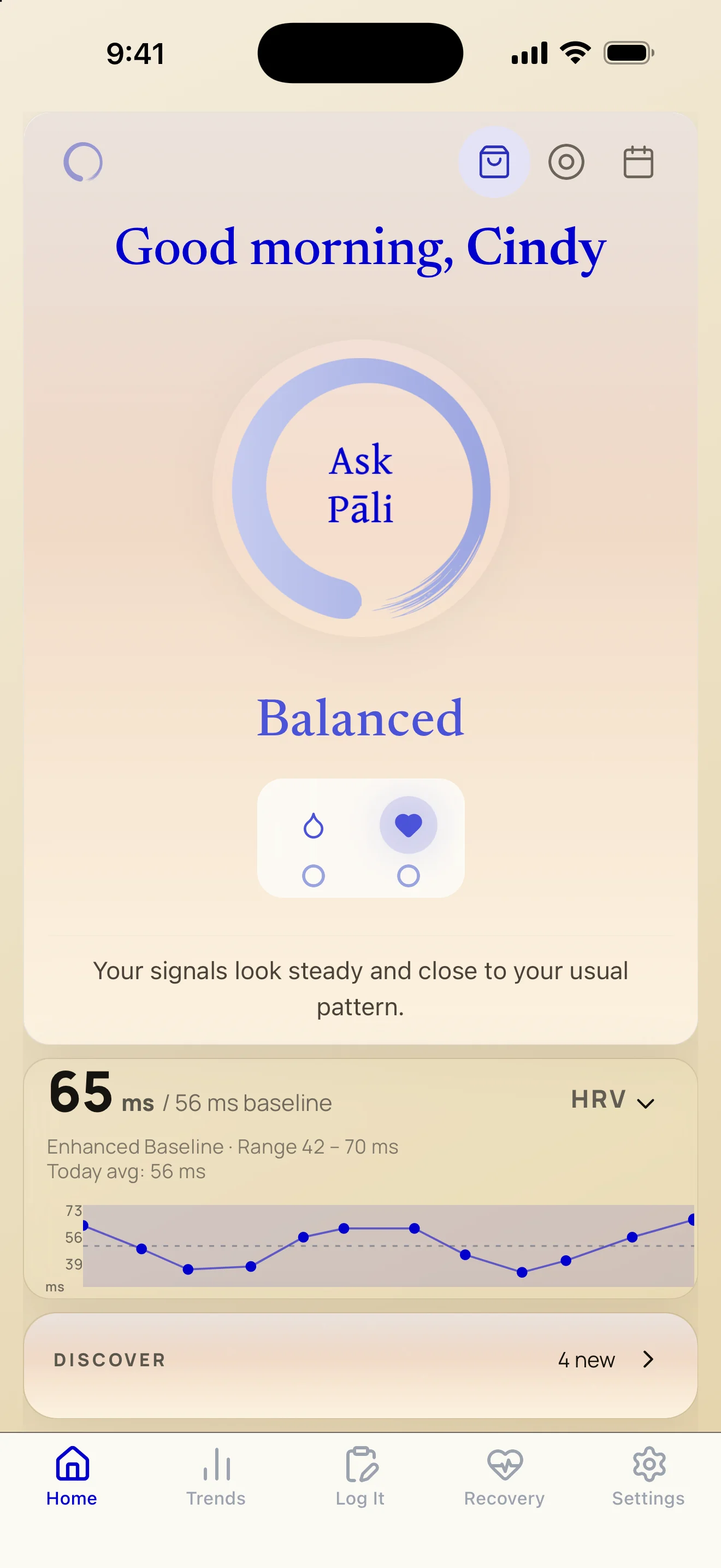 The Pali home screen with heart-rate variability selected.