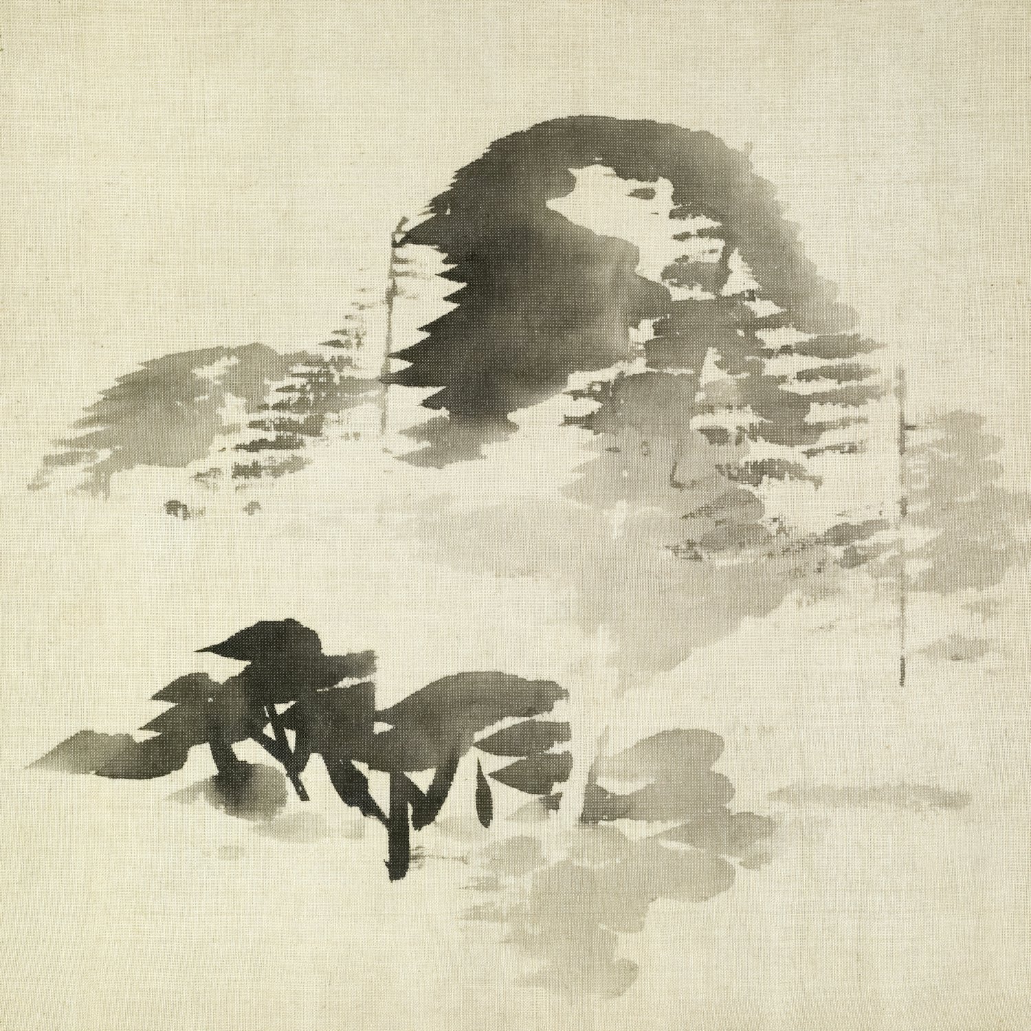 A sumi-e landscape brushed onto linen, trees dissolving into mist.